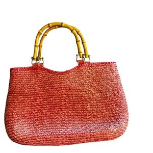 Red Woven Tote Bag with Bamboo Handles